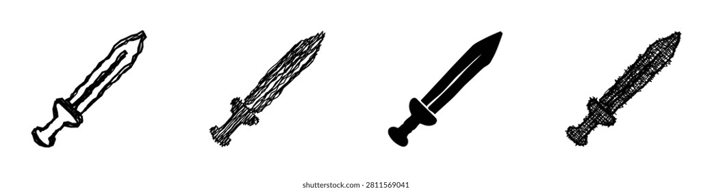 A set of four distinct sword illustrations, ranging from a simple outline to a solid silhouette and textured sketches, all on a white background