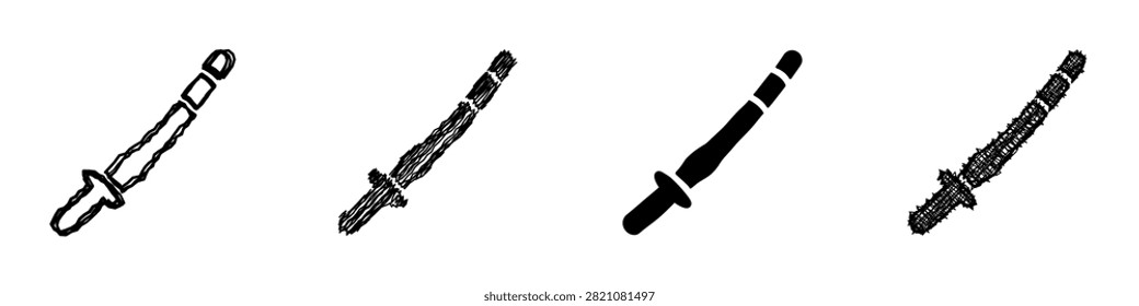 A set of four distinct sword illustrations, varying in style from sketch to solid silhouette, representing different artistic approaches to depicting the weapon