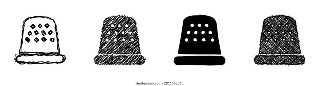A set of four distinct thimble illustrations, showcasing different artistic interpretations from sketchy outlines to solid silhouettes and textured fills