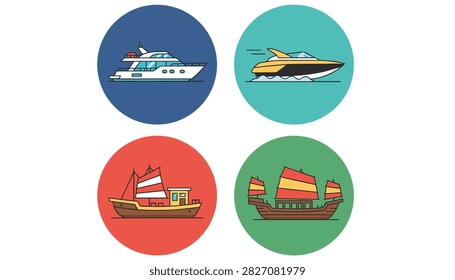 Set of four distinct types of boats including modern luxury yachts and historical wooden sailing vessels.