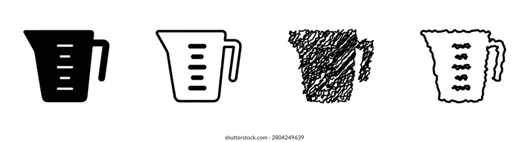 A set of four distinct visual representations of a measuring cup, showcasing various artistic interpretations from solid silhouette to sketched and outlined forms