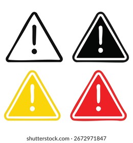 Um conjunto de quatro símbolos de aviso distintos, incluindo contorno vazio em preto e branco e versões coloridas. 