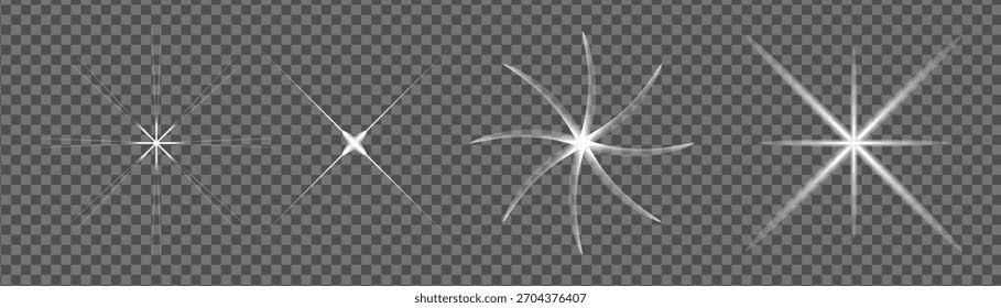 Conjunto de cuatro distintos efectos de destellos de luz blanca, incluyendo esteladas y rayos de luz abstractos, para superponer sobre fondos transparentes para agregar brillo y brillo a las composiciones digitales