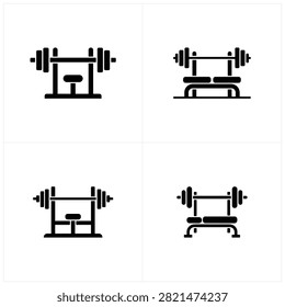A set of four distinct workout icons showing dumbbells and bench press in black and white for fitness and gym designs