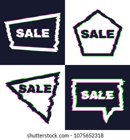 Set of four distorted glitch sale banners with error effect on the edges and in text. Vector illustration.
