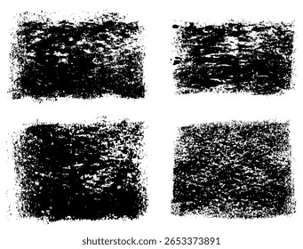 Set von vier bedrängten schwarzen Tinten-Texturen mit rauen Grunge-Kanten. Vektorgrafik für Hintergründe und künstlerisches Design.