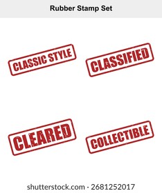 Conjunto de quatro carimbos de borracha vermelho angustiado com palavras Classic Style, Classified, Cleared e Collectible, definido contra um fundo branco limpo para uso versátil.