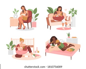Set of four diverse breastfeeding mothers suckling their babies on chairs and sofas at home, colored vector illustration