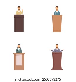 Set of four diverse business characters presenting from podiums in a flat design style