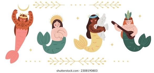 Set with four diverse cute folk mermaids in flat design, isolated vector illustration in line art