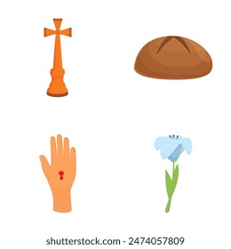 Set of four diverse religious icons including a cross, bread, hand with stigmata, and a flower