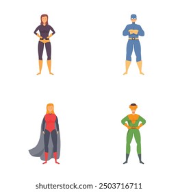 Set of four diverse superhero characters in colorful costumes, isolated on white background