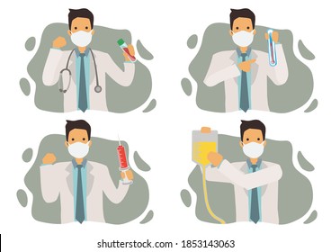 Conjunto de cuatro médicos con herramientas. Emoción del médico. Ilustración vectorial.