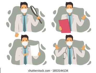 Conjunto de cuatro médicos con herramientas. Emoción del médico. Ilustración vectorial.