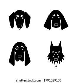 Set of four dog icons: badger dog, spaniel, basset hound, shepherd dog. Front view, heads. Cute funny dog characters in black and white