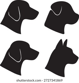 A set of four dog silhouettes in black on a white background, showcasing different breeds and profiles.