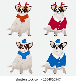 Set with four dogs in a Christmas costume. Chihuahua dressed as Santa Claus. Vector.