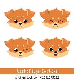 A set of four dogs with different facial expressions - a neutral smile, a smile with closed eyes, a wink, a joy. Color image of a pets. Vector illustration for coloring book, stencil, design, prints.