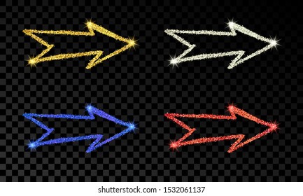 Set of four doodle hand drawn arrows with gold, silver, blue and red glitter effect on dark transparent background. Vector illustration
