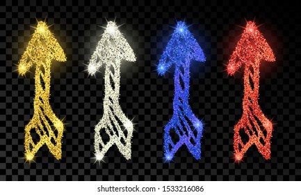 Set of four doodle hand drawn arrows with gold, silver, blue and red glitter effect on dark transparent background. Vector illustration