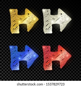 Set of four doodle hand drawn arrows with gold, silver, blue and red glitter effect on dark transparent background. Vector illustration