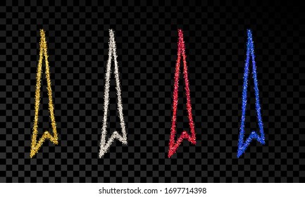 Set of four doodle hand drawn arrows with gold, silver, blue and red glitter effect on dark transparent background. Vector illustration