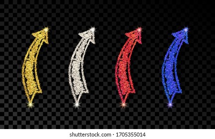 Set of four doodle hand drawn arrows with gold, silver, blue and red glitter effect on dark transparent background. Vector illustration
