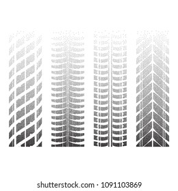 Set of four dotted tire track silhouettes isolated on white background