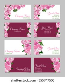Set of four double-sided beautiful floral business cards with pink peonies