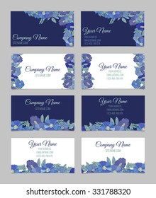 Set of four double-sided floral blue business cards with  flowers
