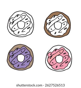 Conjunto de quatro rosquinhas pintadas à mão em estilo doodle com esmalte multicolorido - rosa, branco, roxo e marrom. para design de embalagem