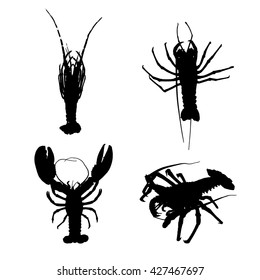 Set of four drawing vector isolated lobsters silhouettes