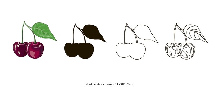 Conjunto de cuatro dibujos de cerezas con hoja - doble cereza en estilo de caricatura, silueta negra, doodle y contorno. Ilustración vectorial, aislada en fondo blanco