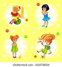 A set of four drawings of little girls. Girls eat watermelon, drink juice, break a cup and slip on a banana peel. Vector illustration. Cartoon character