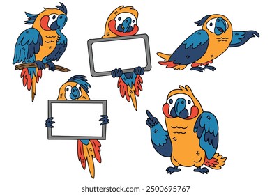 A set of four drawings of parrots holding a sign. The parrots are all different sizes and are holding the sign in different positions