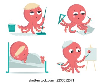 A set of four drawings of red octopus characters sleeping, cleaning, drawing and learning. Colored vector flat illustration isolated on white background.