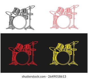 A set of four drum kit illustrations with different colors on a split white and black background.