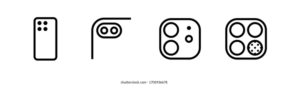 Set of Four, Dual, Two, Three Cameras and Scanner Phone Multi-Cameras icons. Editable line vector. Sign modern smartphone, close-up module photo lenses, zoom, portrait, vario, macro. Group pictogram.