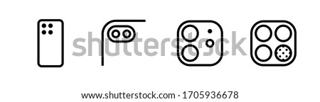 Set of Four, Dual, Two, Three Cameras and Scanner Phone Multi-Cameras icons. Editable line vector. Sign modern smartphone, close-up module photo lenses, zoom, portrait, vario, macro. Group pictogram.