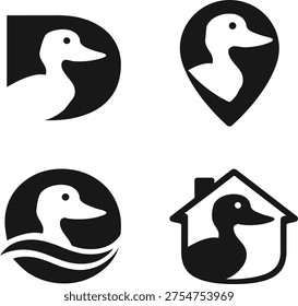 Set of four duck bird silhouette logos in different styles including letter shape, location pin, water wave and house icon. Minimal black design isolated on white background. Perfect for wildlife, nature brands, farm logos, bird watching and animal related projects.