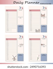 A set of four Dutch themed daily planner templates. Each template includes sections for time scheduling, notes, reminders, and daily affirmations.