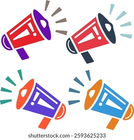  A set of four dynamic megaphone icons in various colors, emitting sound waves. Perfect for announcement designs, marketing materials, and communication alerts