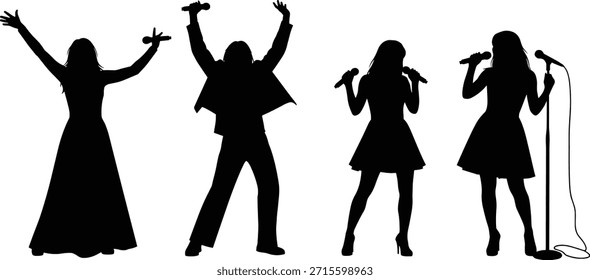 Un conjunto de cuatro siluetas musicales dinámicas, que representan a los artistas en el escenario cantando y bailando, capturando la energía de un concierto en vivo.