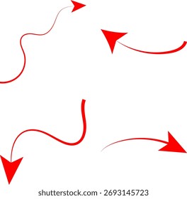 Conjunto de quatro setas onduladas vermelhas curvas dinâmicas apontando em direções diferentes para ilustrar o movimento, a alteração e o fluxo