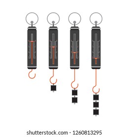 Set of four dynamometers with various weights on a black background - flat design
