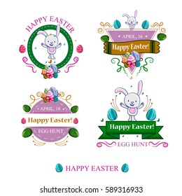 A set of four Easter badges with happy cute rabbit and eggs