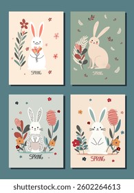 set of four easter cards with bunnies and flowers in pastel shades. Vector art on spring theme with group of four cards. illustration for festive designs, greeting cards and seasonal decorations. 