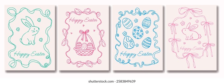 A set of four Easter cards with different designs and colors. The cards feature Easter bunnies, eggs, and other Easter-themed elements