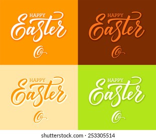 set of four Easter cards on yellow, brown, white and green background