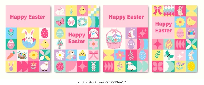 A set of four Easter cards with a variety of Easter-themed images. The cards are colorful and feature a mix of animals and flowers. The cards are designed to convey a sense of joy